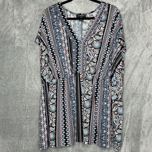 Liz Claiborne Tops - Liz Claiborne 3X Shirt Top Blue Paisley Cap Short Sleeve V Neck Peplum Stretch